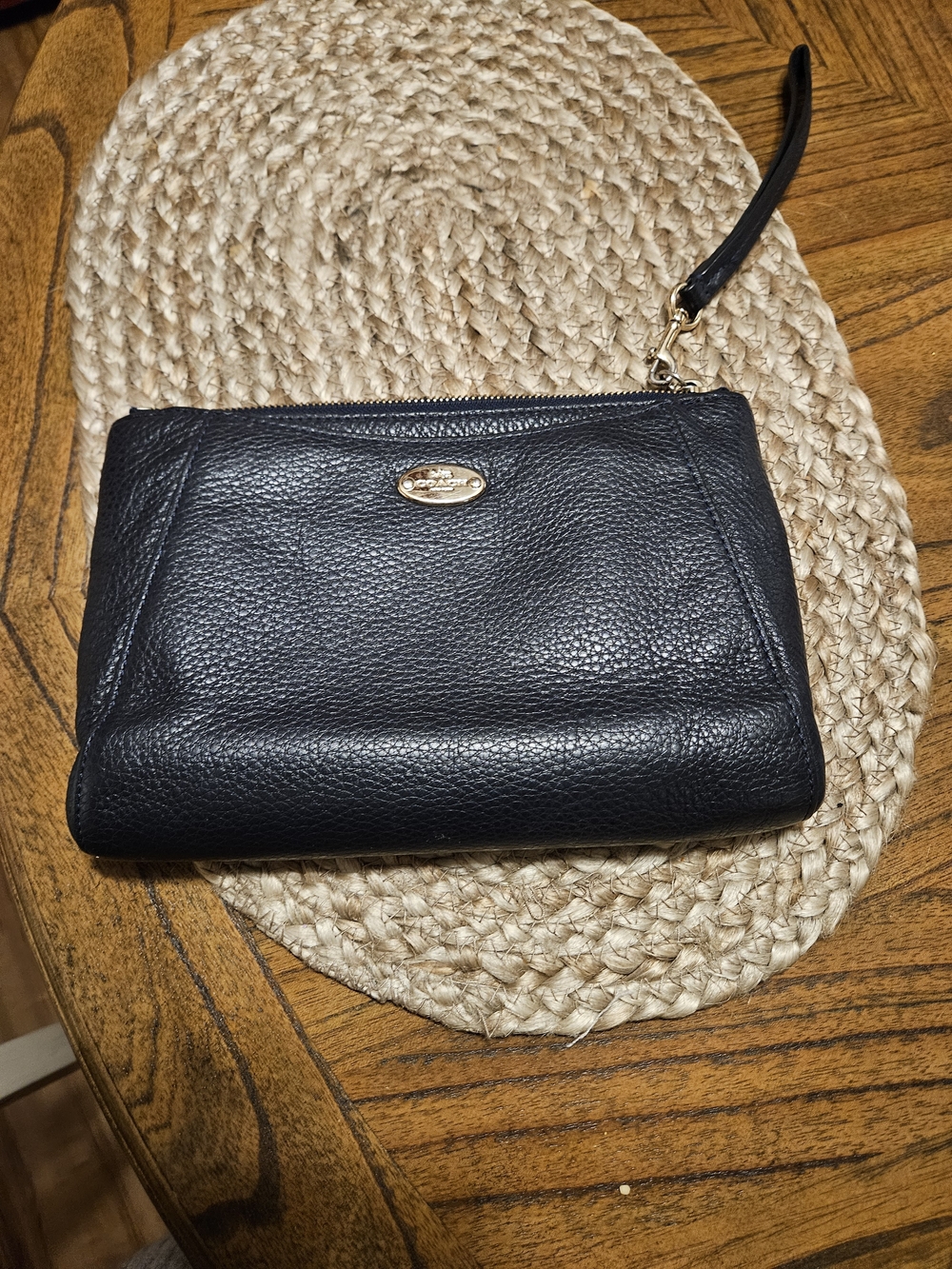 Coach Black Pebbled Leather Wristlet with Gold Accent